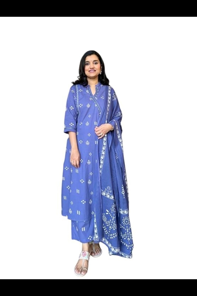 Women's Cotton Embroidered Anarkali Kurti with Pant and Dupatta Set