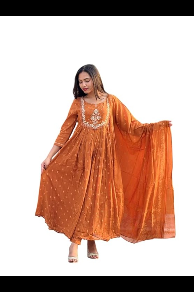 Nermosa Women Embroidery Solid Anarkali Kurta and Pant Set with Dupatta